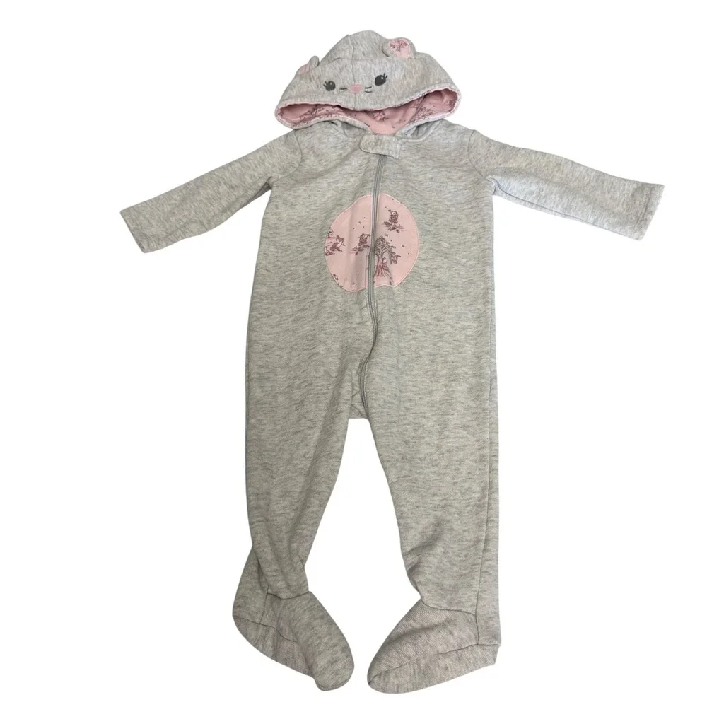 Gymboree Baby Girl Gray Pink Cat Hooded Footie Romper 6-9 Months Woodland Fleece